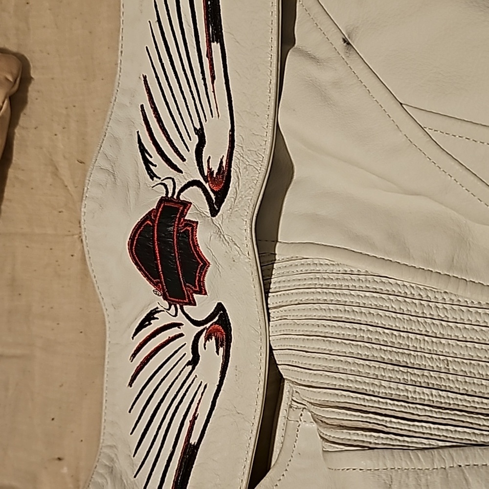 Harley Davidson white motorcycle chaps.